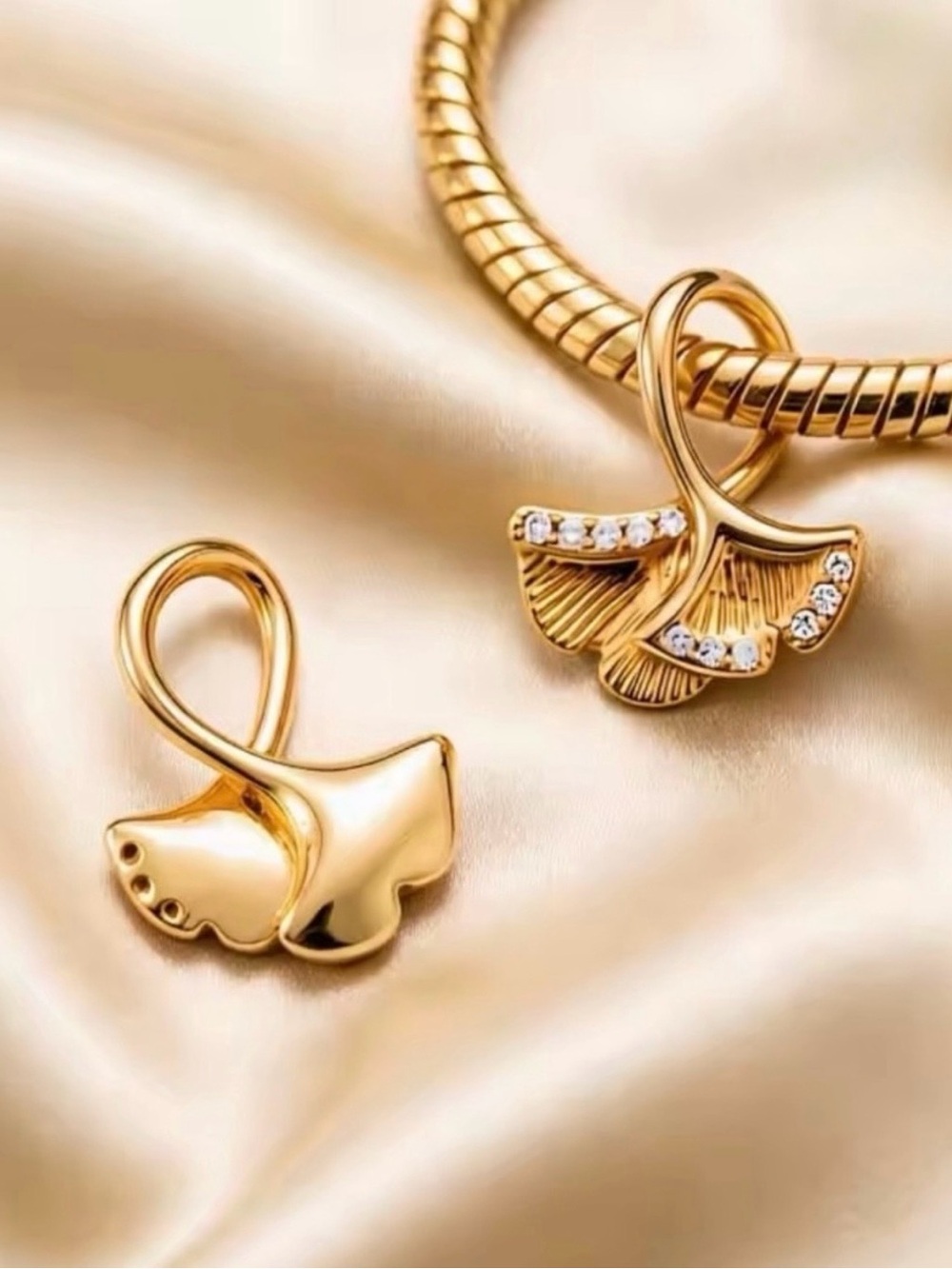 Wrapped Ginkgo Leaves Dangle Charm | 18k Gold Vermeil 925 Sterling, Sparkling Cz
